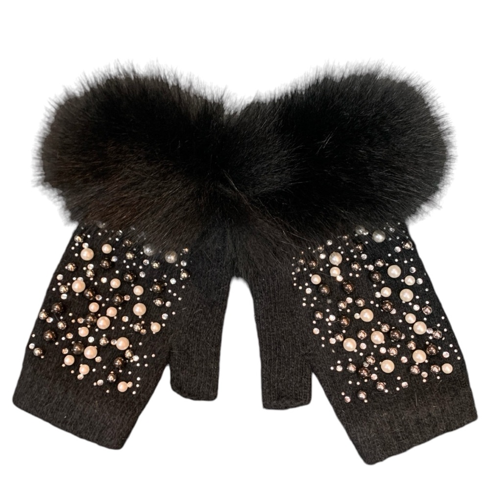 Wool Knitted Gloves with Genuine Fox Fur Trim Pearl Embellished